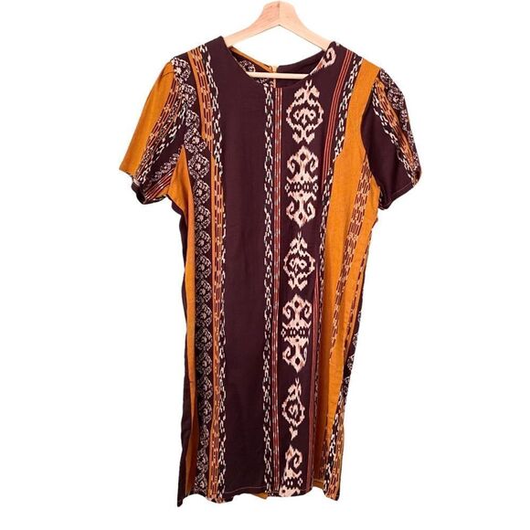 Boho Brown Printed Mini Dress in Size Large - Picture 1 of 8